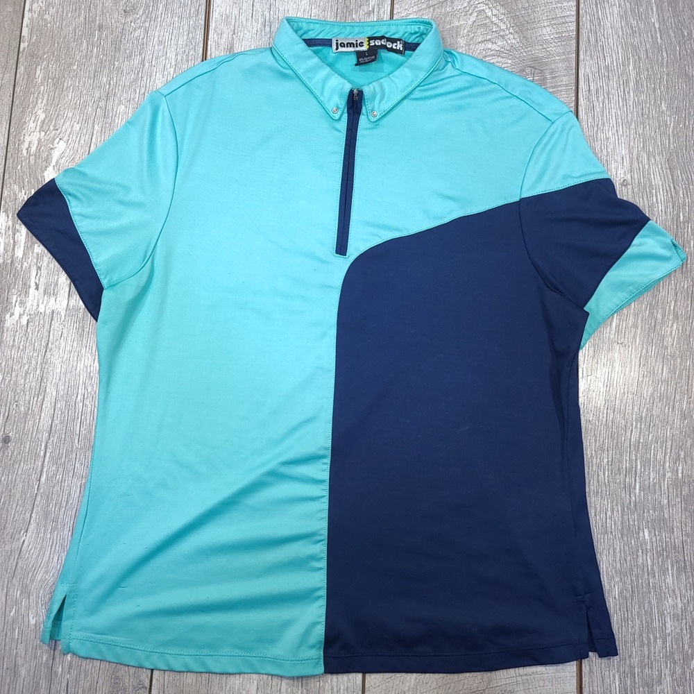 Jamie Sadock Golf Top Women Large Teal Navy Asymmetrical Colorblock Quarter Zip